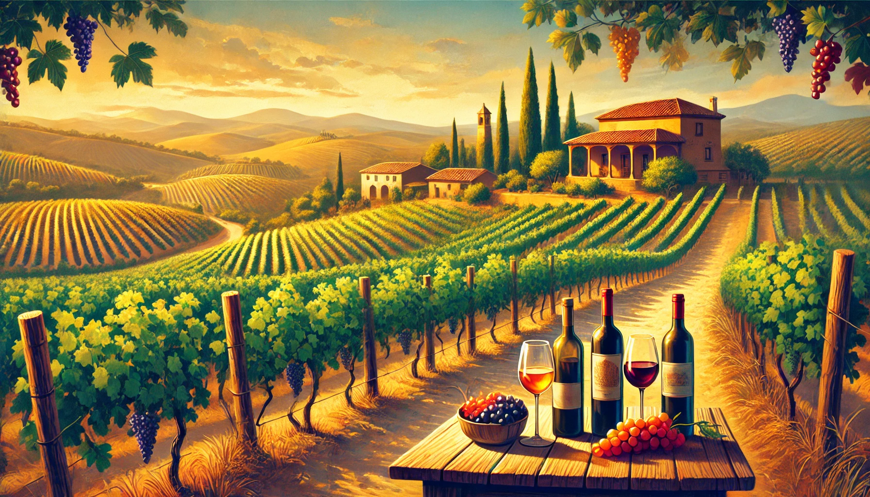 Ilustración editorial de un viñedo español con botellas de vino en una mesa al aire libre.